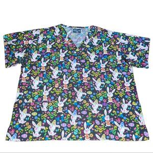 Buttersoft Plus Sz XL Gray Pink Purple Easter Bunny Rabbit Hop Scrub Top Shirt
